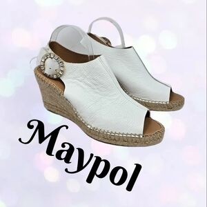 Maypol Womens Wedge Sandels Sz 41=10.5 White Leather Sparkle Rhinestone Buckle